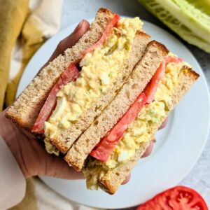 an sour cream egg salad sandwich on wheat bread with sliced tomato